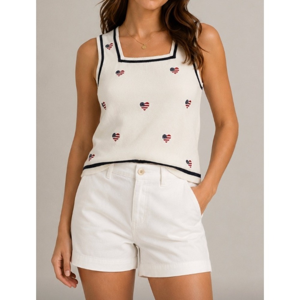 NEW Vtg Etoile Knit Tank Top White Navy American Flag Heart Square 4th of July S